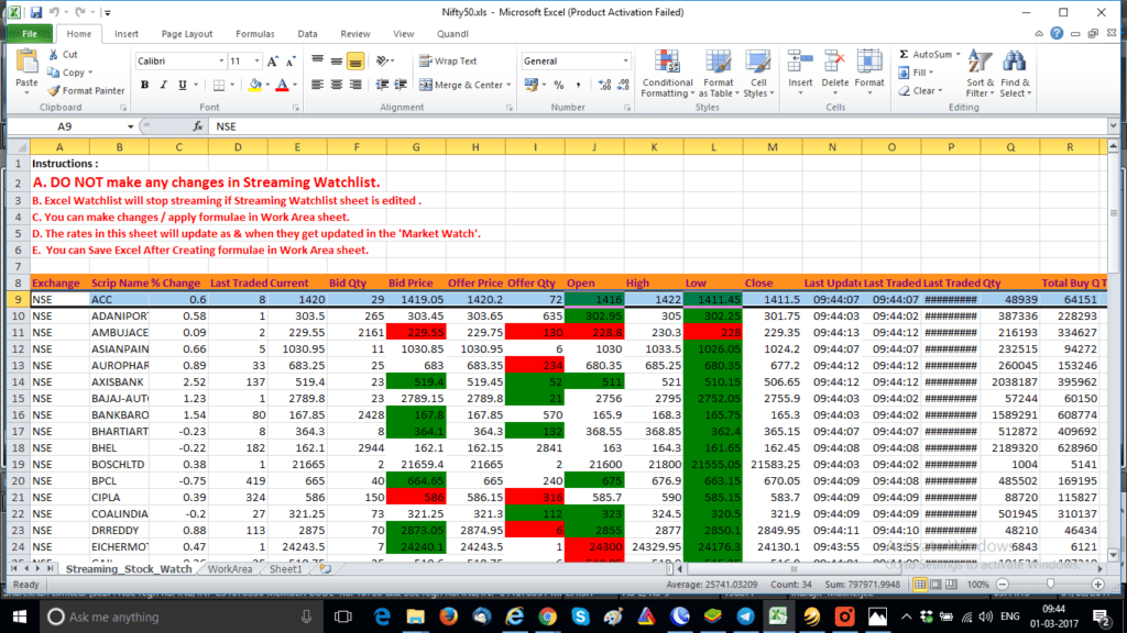 Intraday trading excel sheet