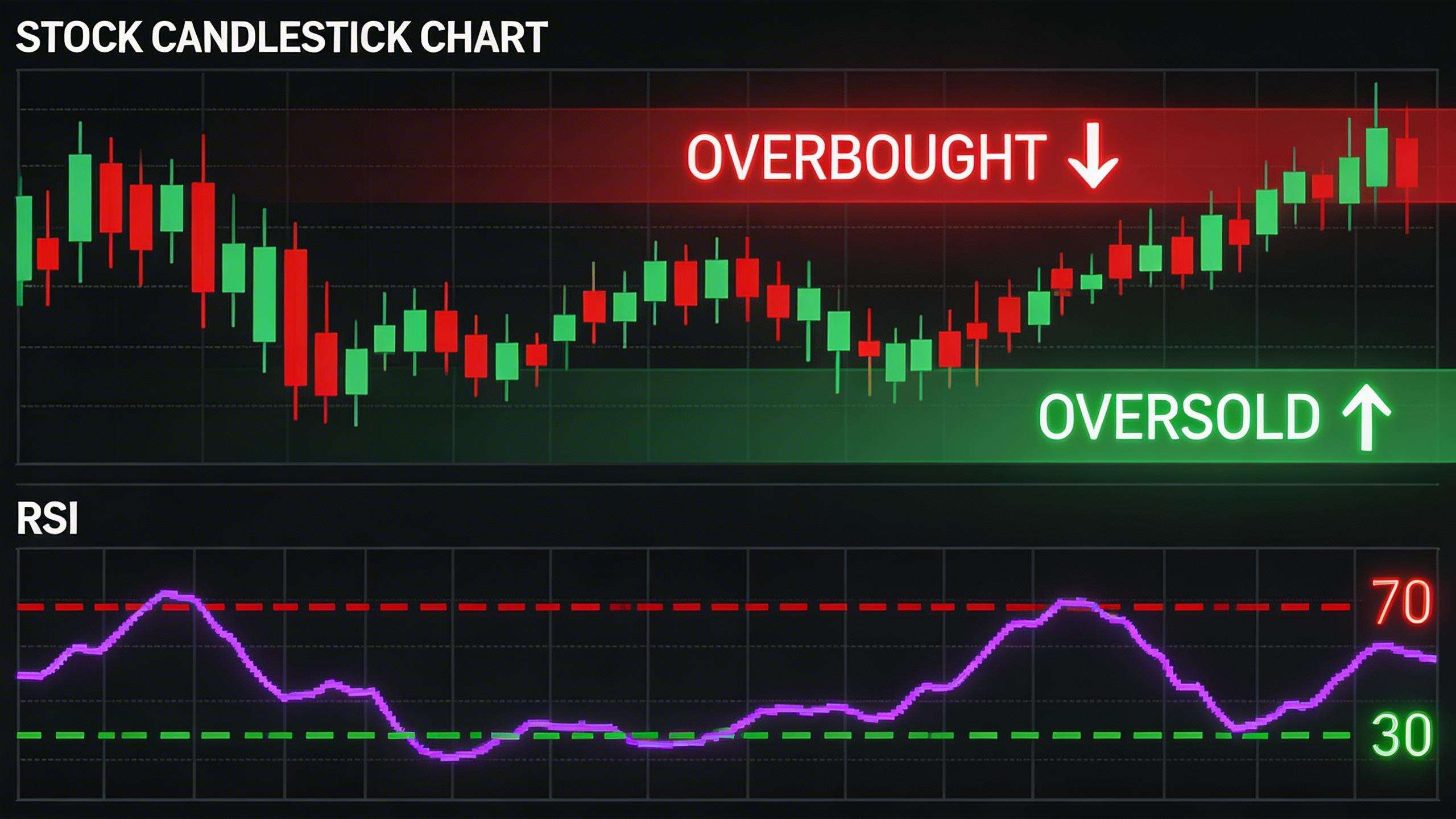 Overbought and oversold meaning illustrated with RSI indicator and stock chart signals
