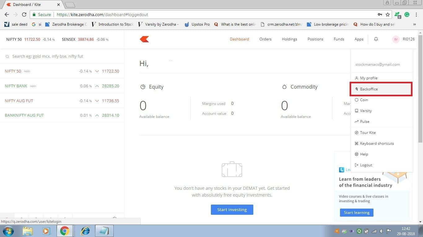 Zerodha Backoffice login