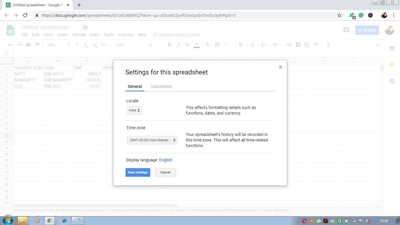 Google Finance and Google Sheets Data Update Settings
