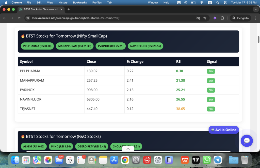 Live BTST stocks for tomorrow list showing top picks based on low RSI and buy signals