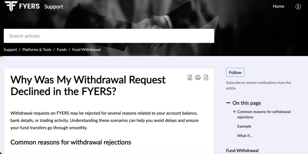 FYERS support page showing withdrawal declined reasons