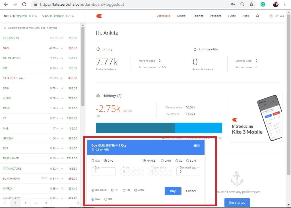 Placing of Orders in Zerodha Kite