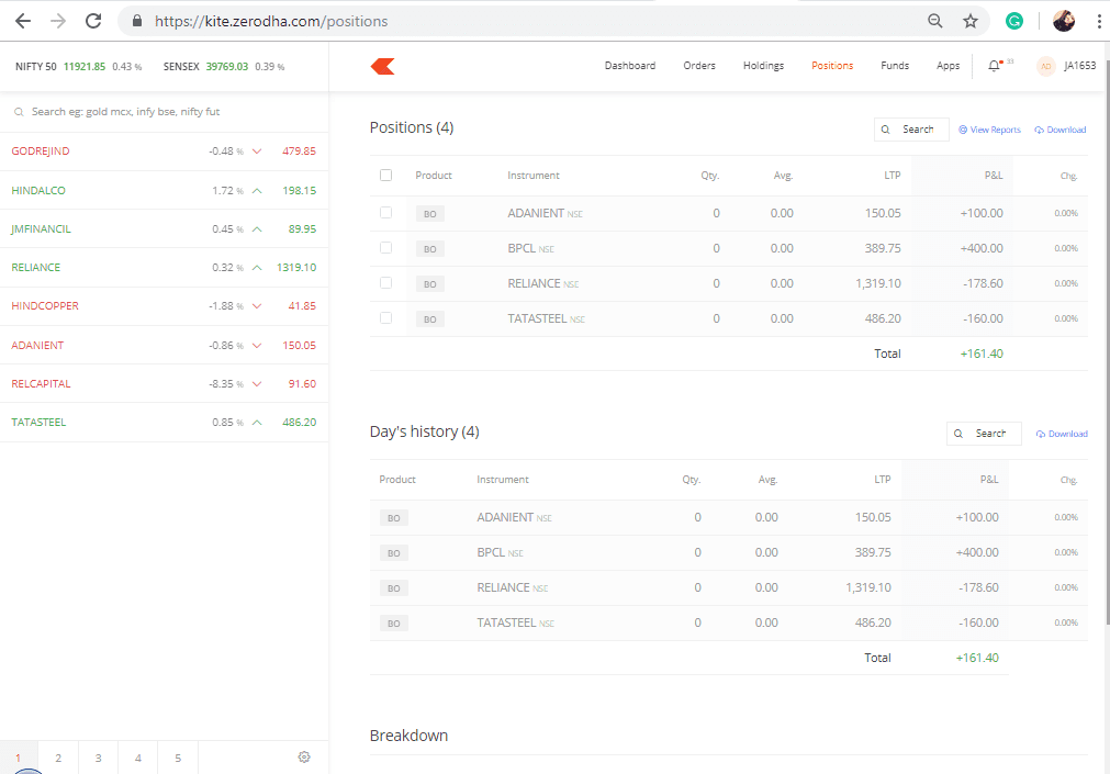 Zerodha Positions