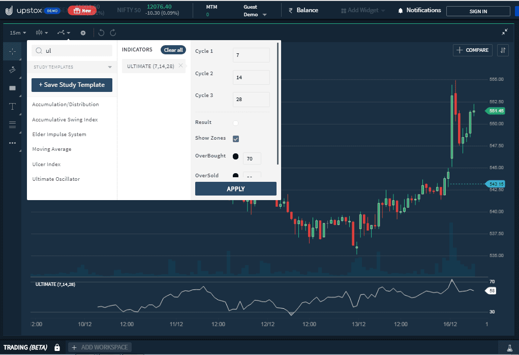 Ultimate Oscillator Indicator in Upstox
