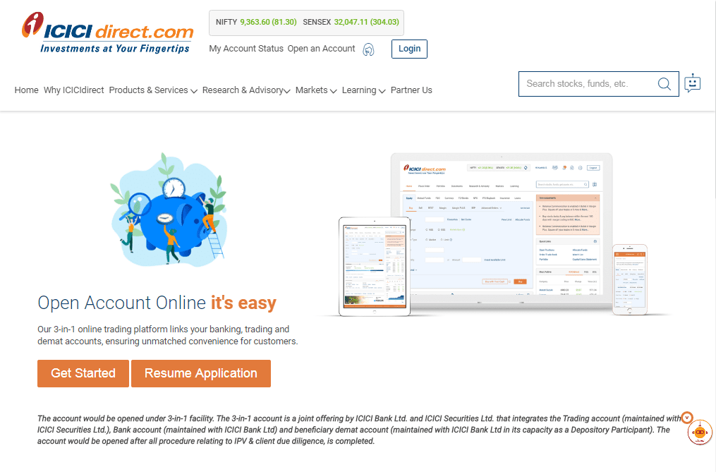 Demat Account Opening Page with ICICI