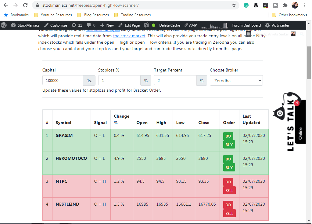 Open high low scanner