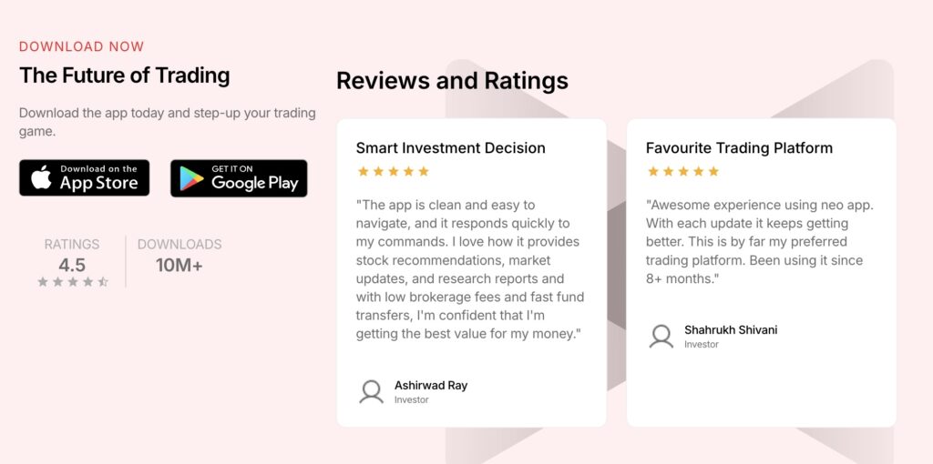 Kotak Neo trading app reviews ratings with 4.5 rating, 10 million downloads and user testimonials