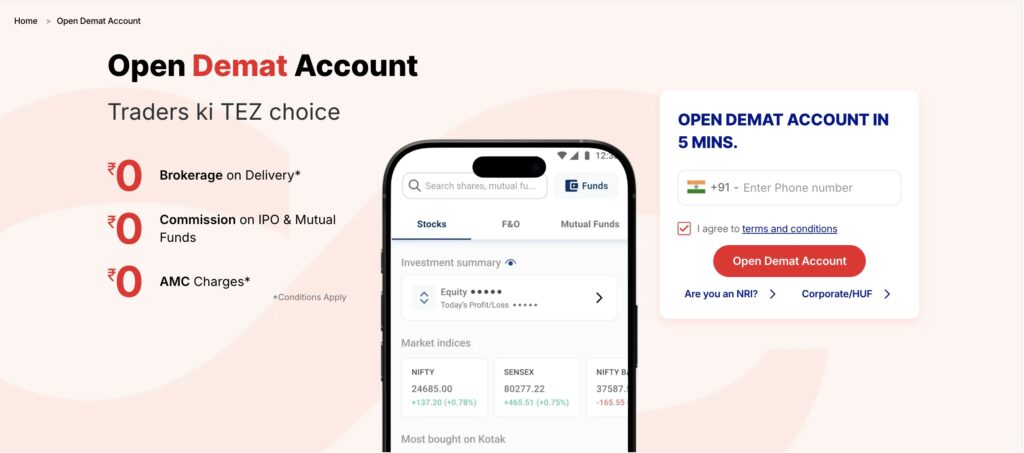 Kotak Neo open demat account page showing zero brokerage on delivery, zero AMC charges and IPO commission