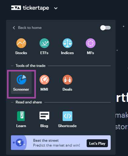The screener option in tickertape.in