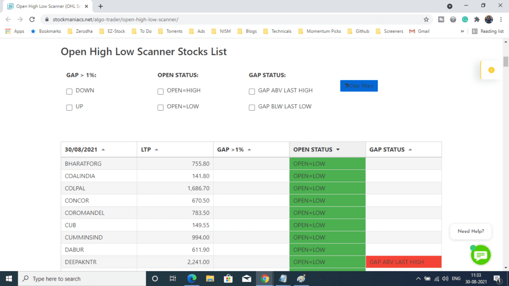 Open high low scanner
