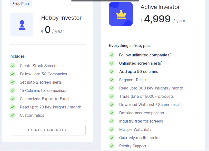 stock screening website Screener.in charges