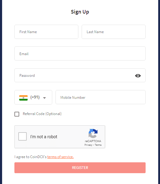 Sign up Page and Coupon Code of CoinDCX