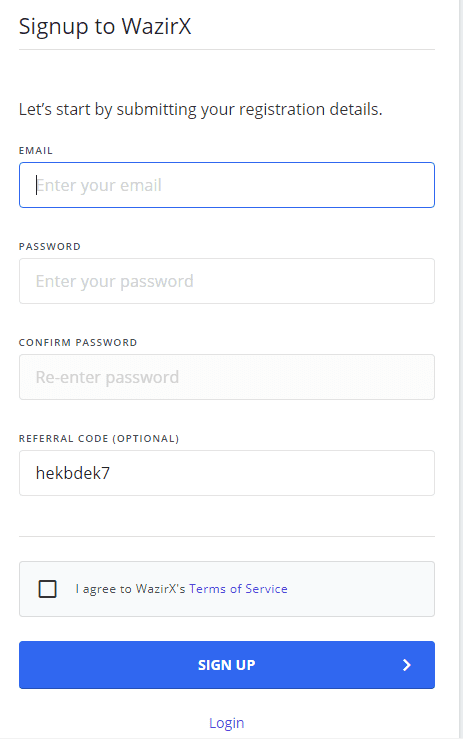 login with wazirx referral code