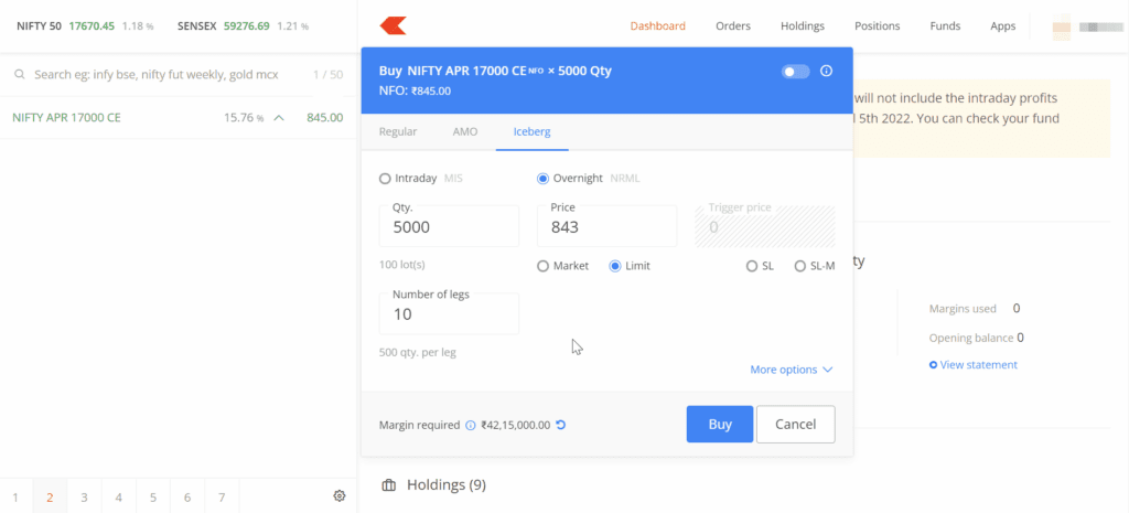 iceberg order in zerodha