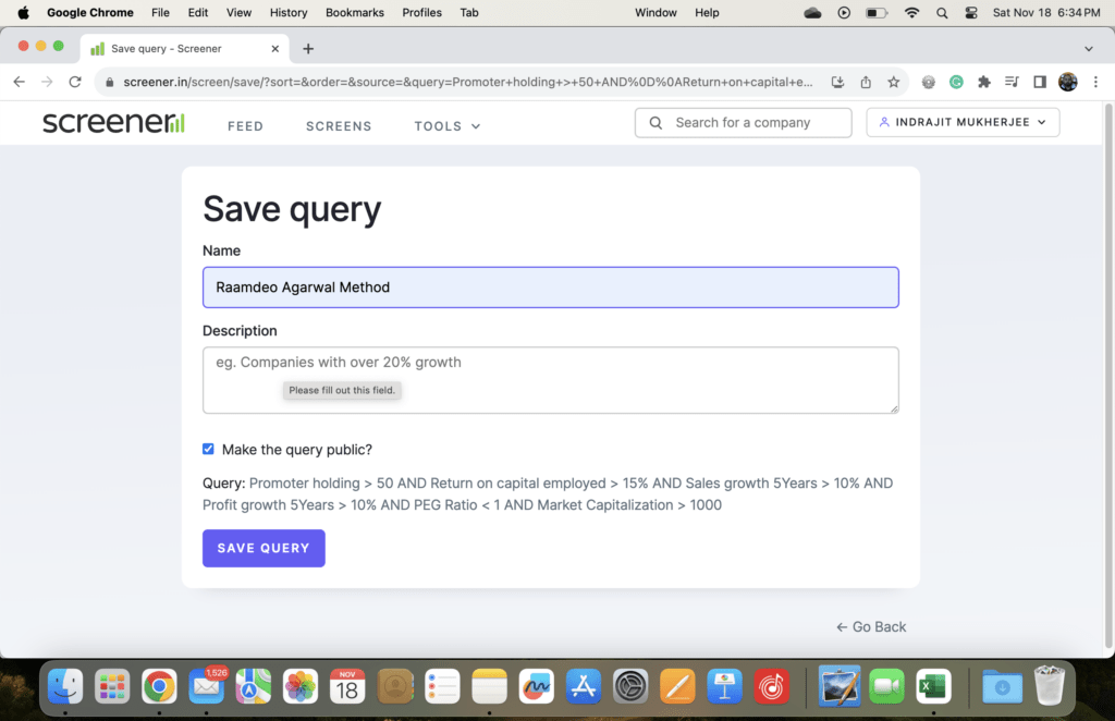 Saving Raamdeo Agarwal Method Screener