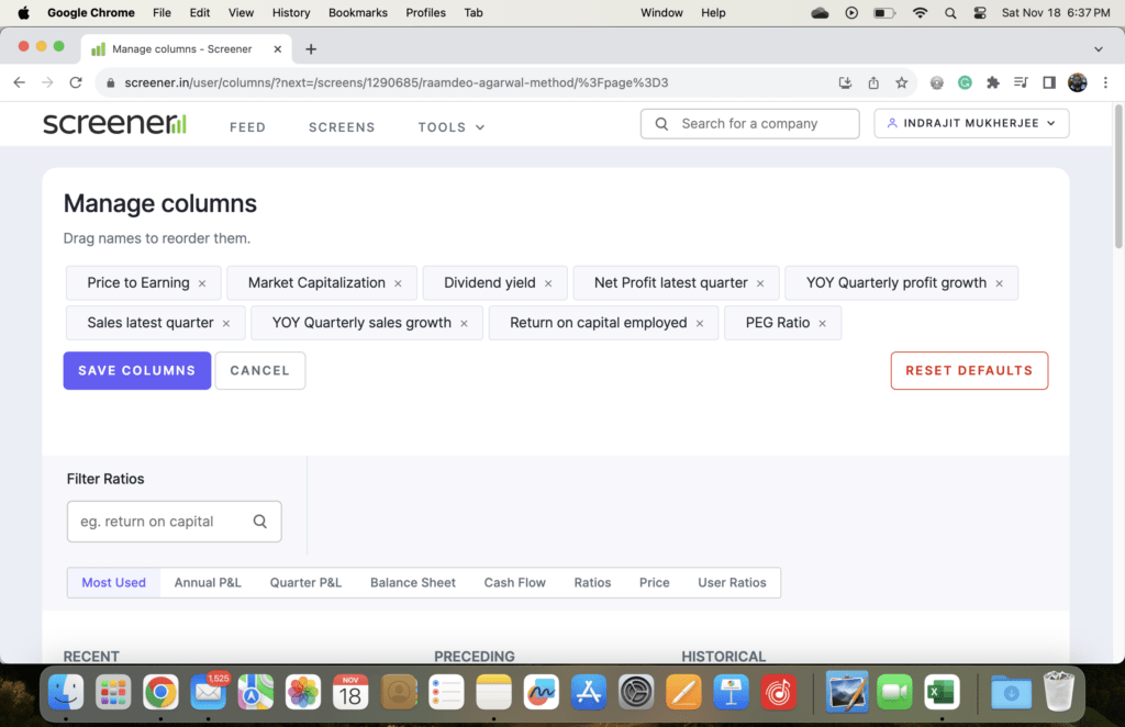 Adding Required Columns in Screener.in