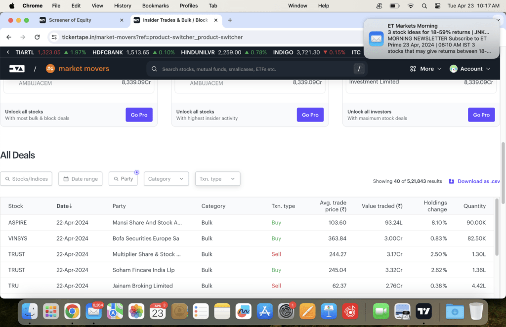 Find Insider Trading in All Deals section