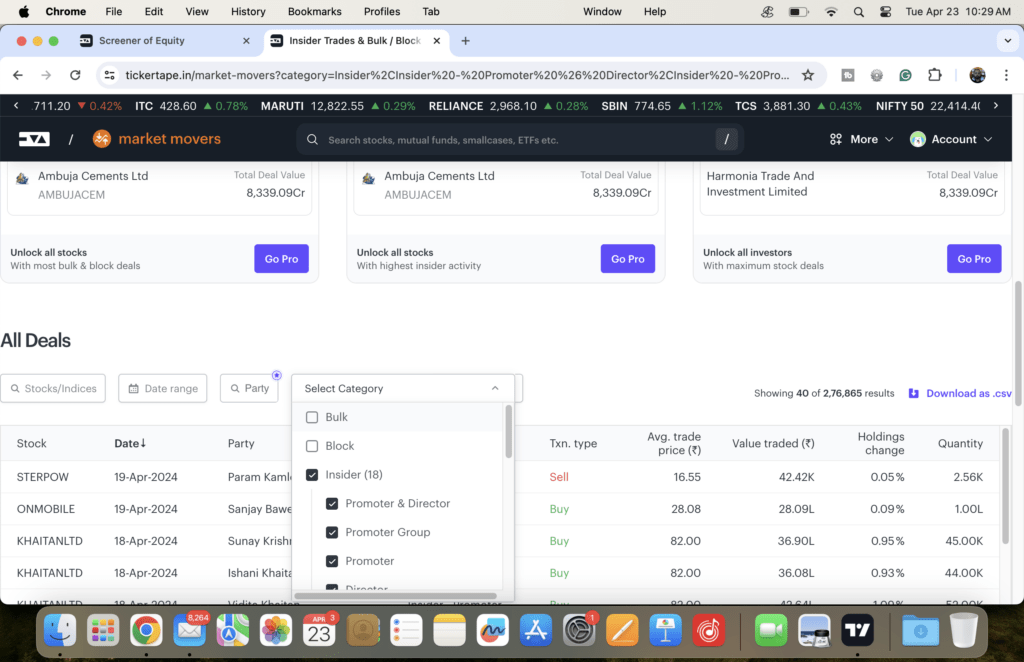 Find Insider Trading Deals with TickerTape