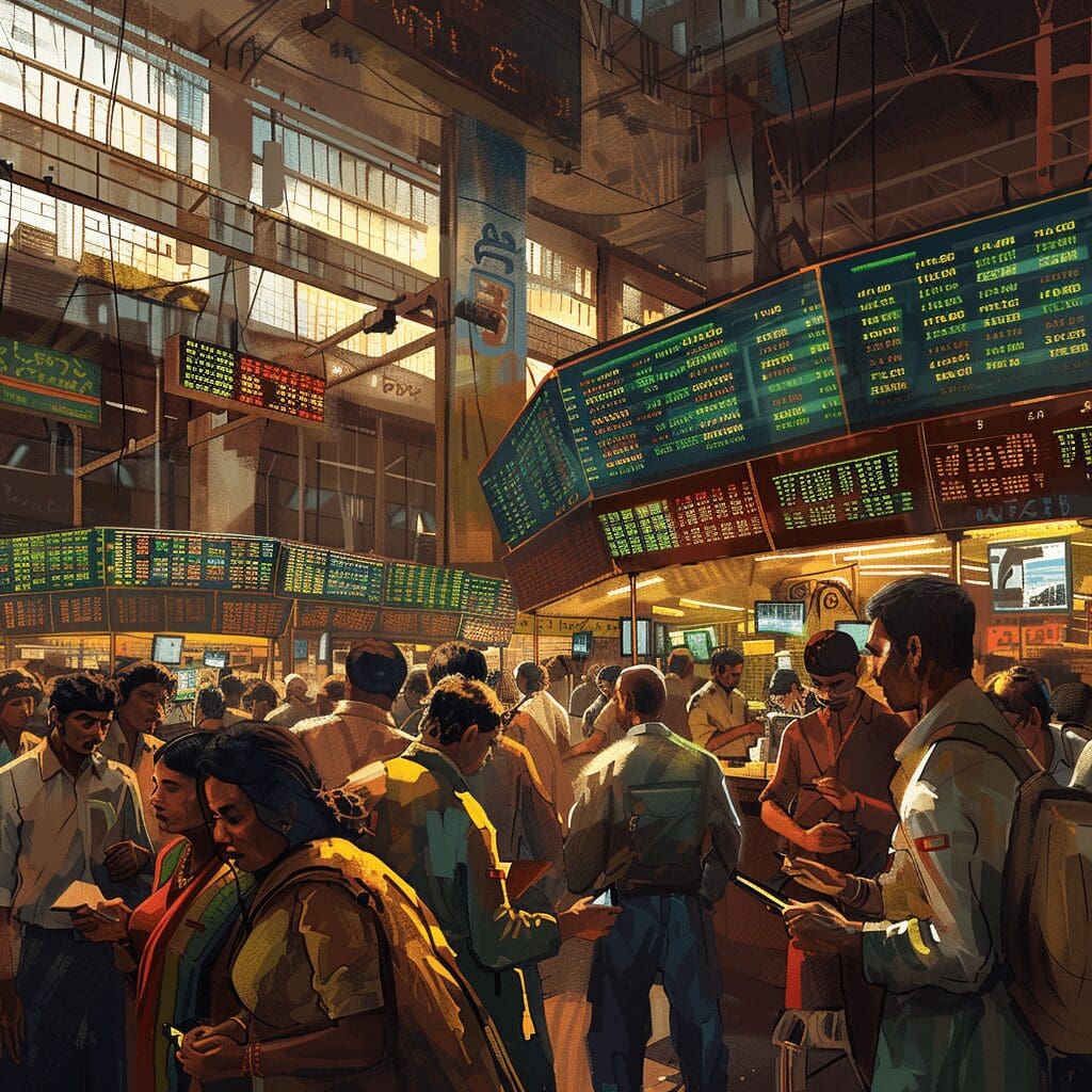Active trading floor scene with diverse individuals engaging in short-term stock trading, highlighting dynamic stock market activity in India.