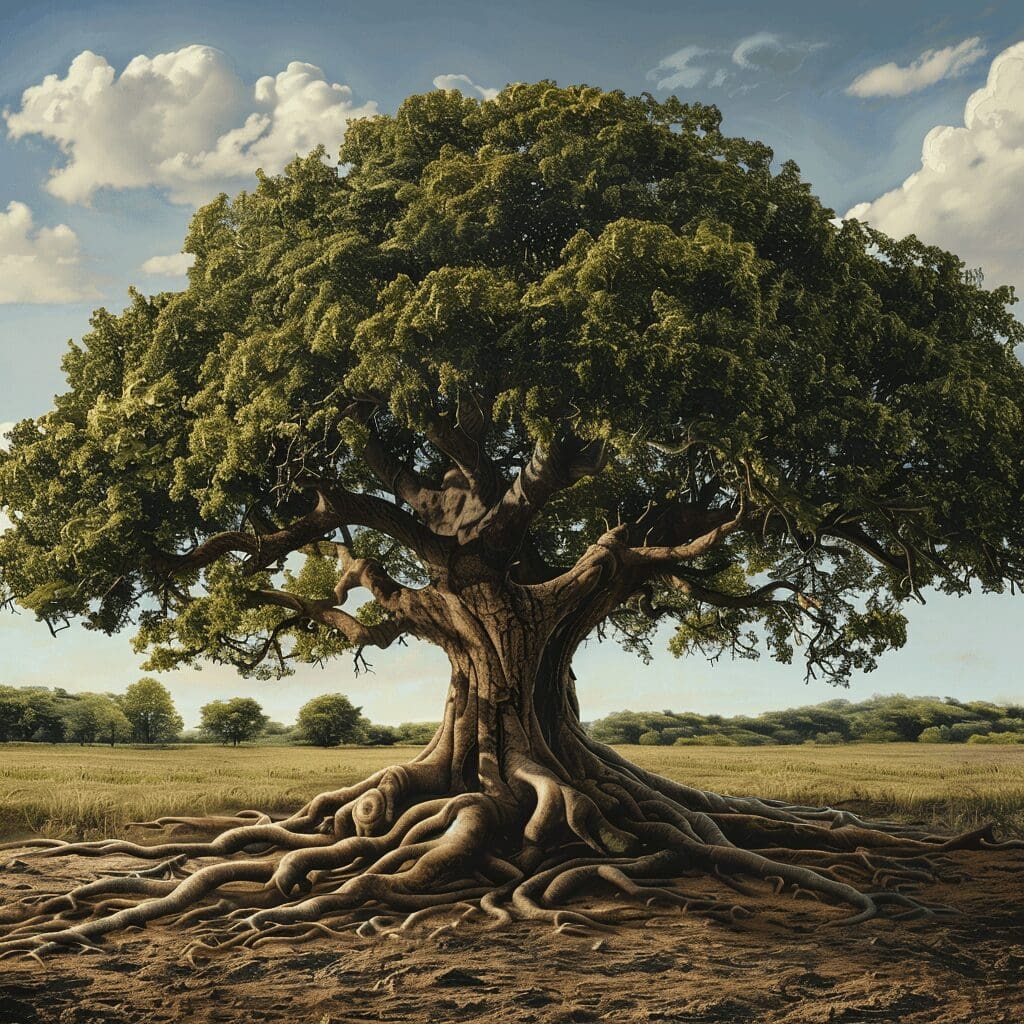 Mature tree symbolizing long-term investment growth, with deep roots and expansive canopy set against a tranquil landscape, representing stability and long-term financial security.