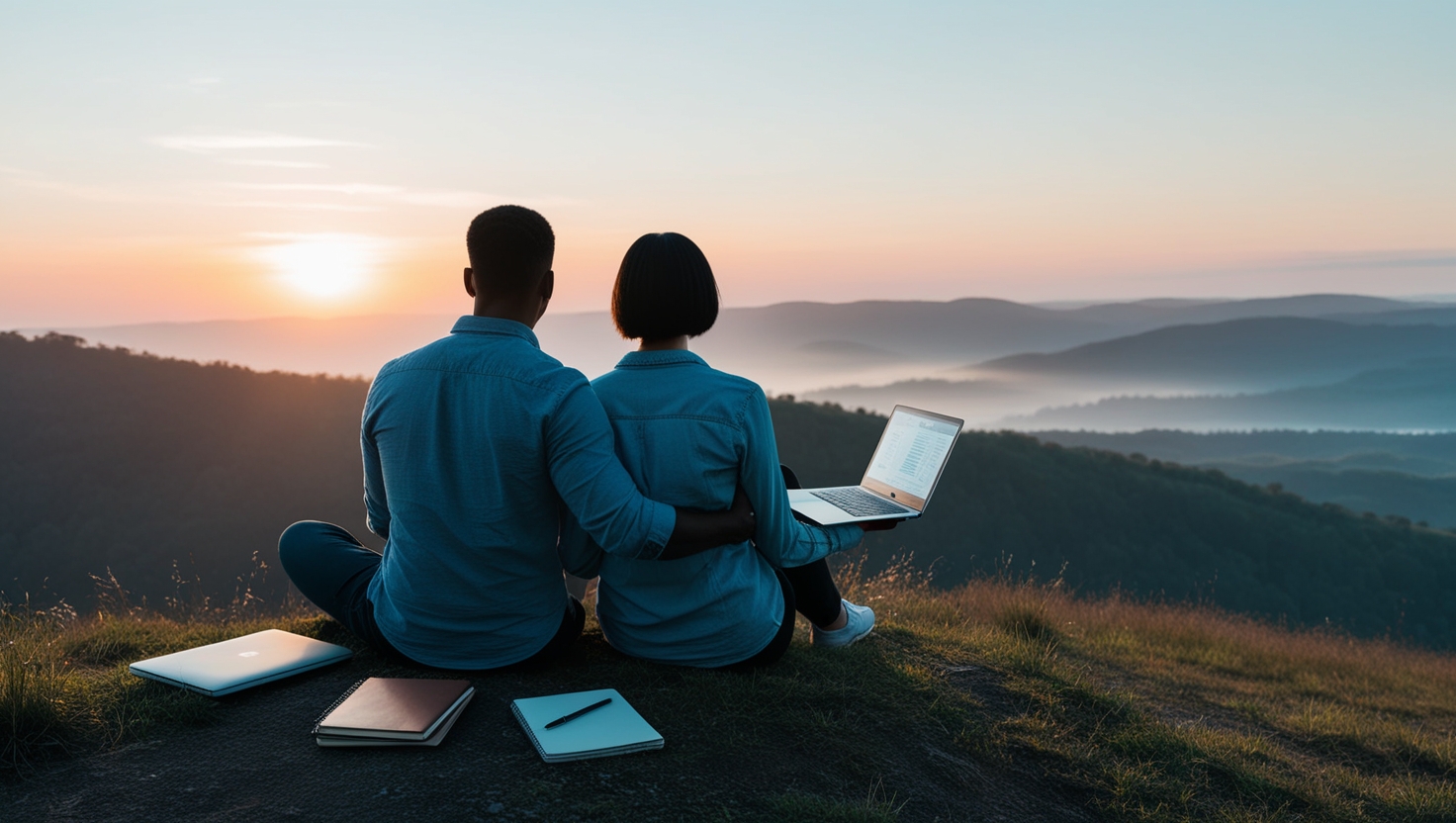 Young couple enjoying early retirement with laptops at sunrise