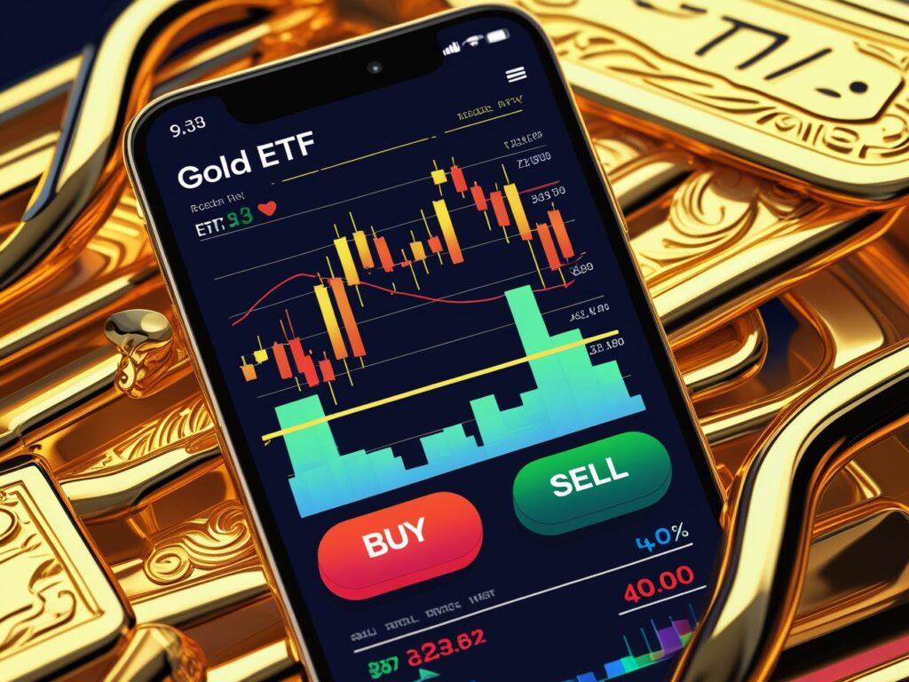 Gold ETF shown on an Indian stock trading app interface with charts