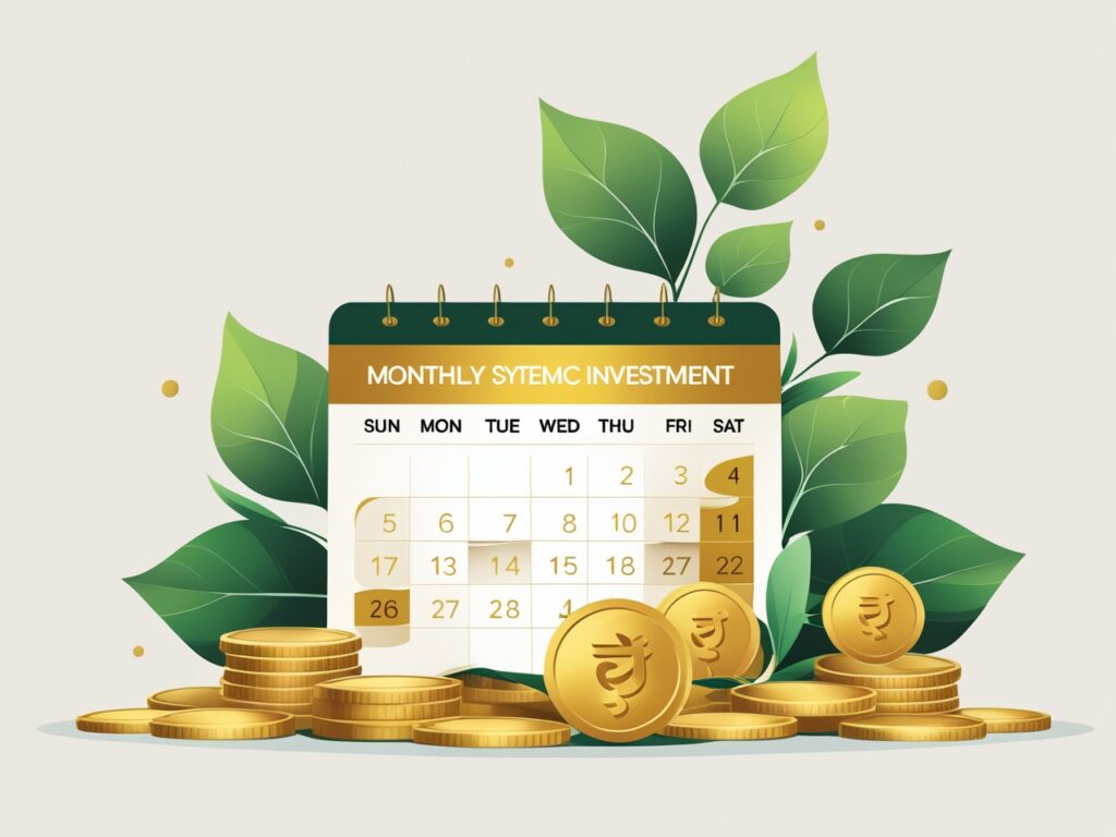 Gold mutual fund SIP investment with coins and calendar visual