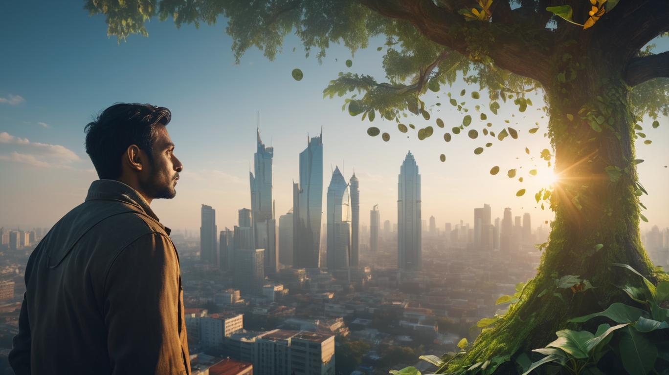 A young Indian investor watching a small plant grow into a tree symbolizing wealth creation through compounding