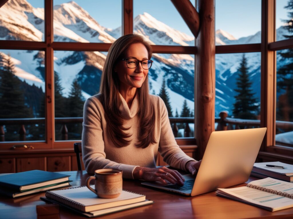 Woman working remotely from a cabin as part of FIRE independence retire early lifestyle