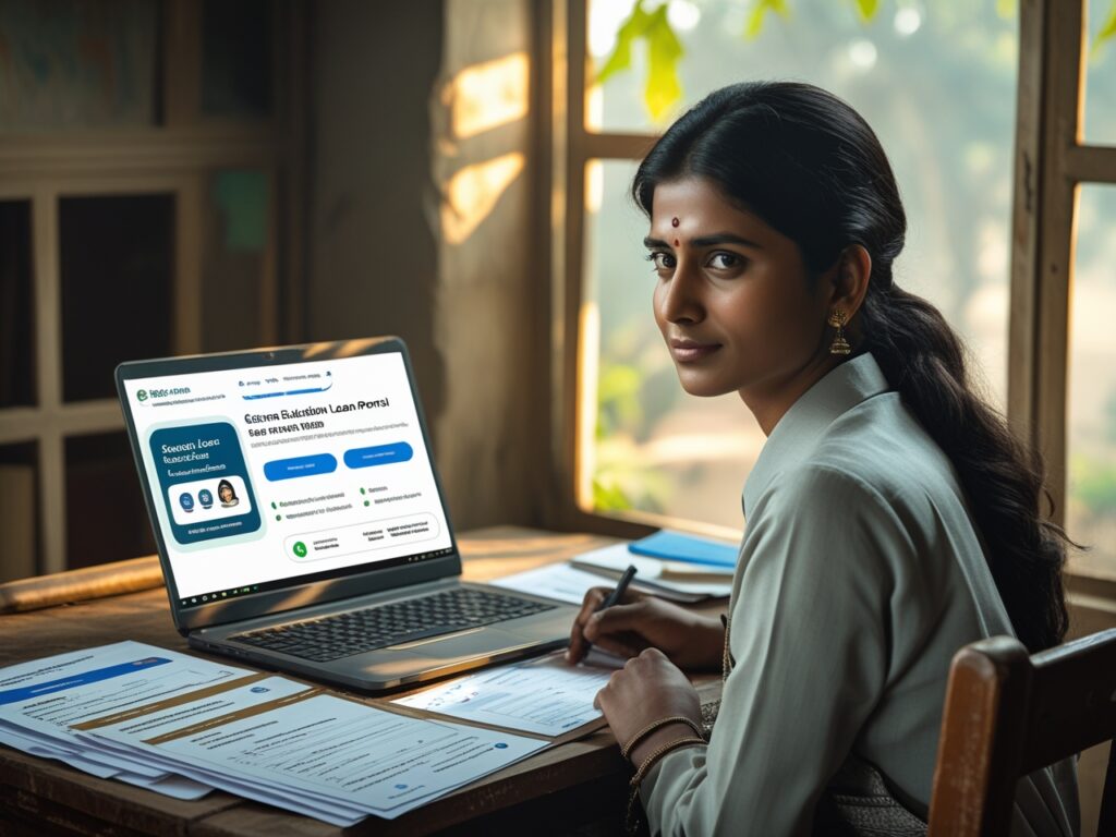 Student from rural Bihar scanning documents and filling out the Bihar Student Credit Card online application on a laptop
