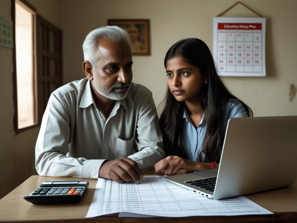 Parent and daughter in Bihar reviewing a multi-year college fee and loan utilization plan on paper