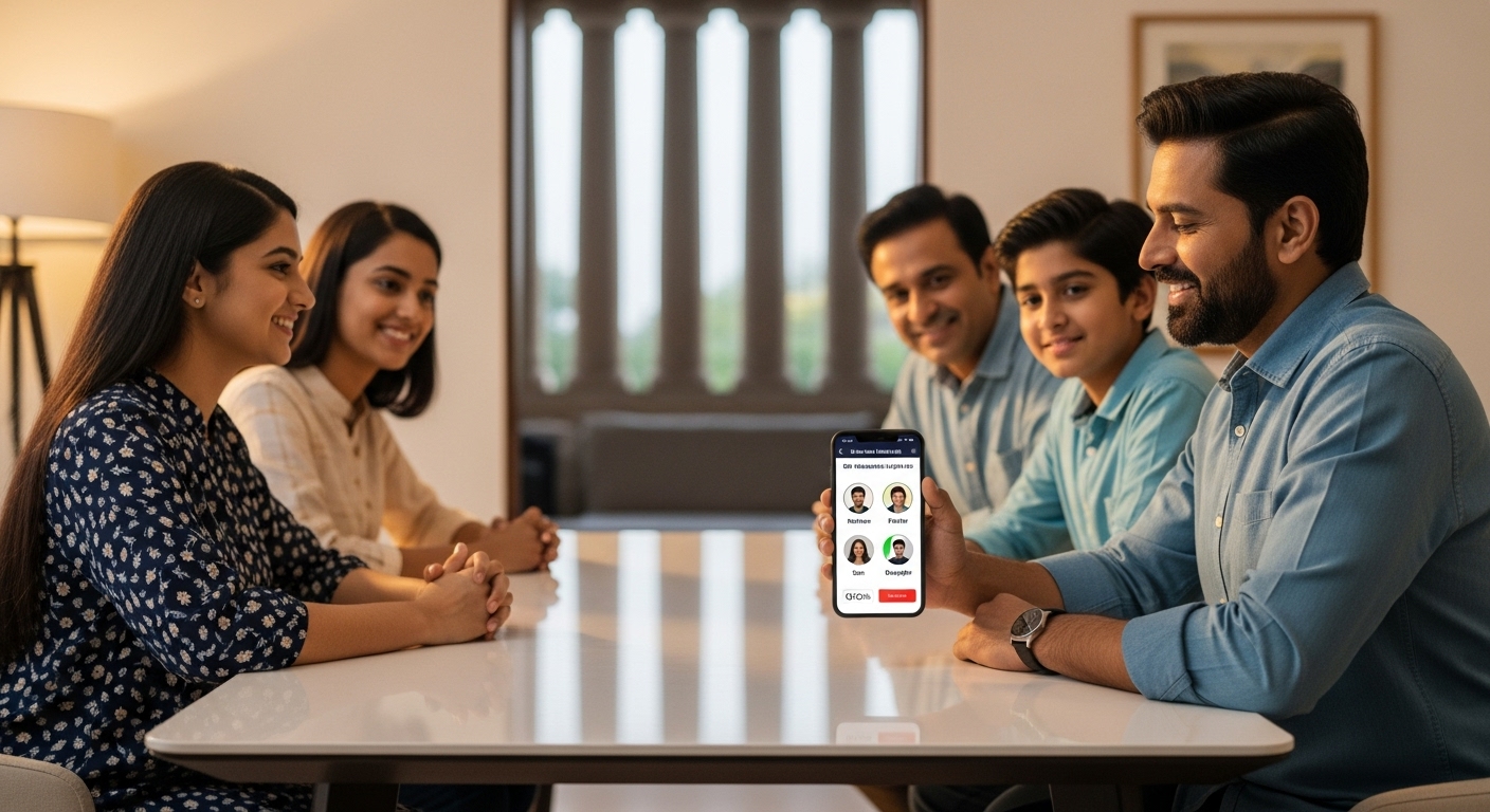Indian family updating bank nomination to four nominees on mobile banking app, 16:9