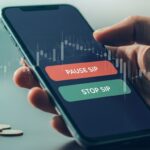 SIP Pause vs Stop: What Happens to Your Money? ndian investor choosing sip pause or stop on a mobile app, with rupee symbols and line chart in background
