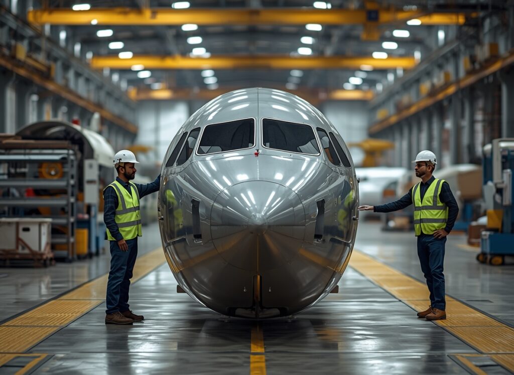 A realistic defence manufacturing scene representing capex-led growth and long-term orders.