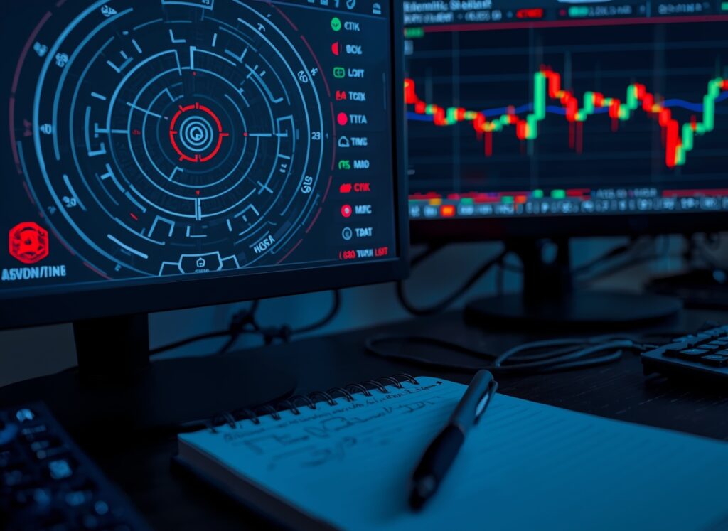 An analyst-style image of radar and defence electronics with stock market charts.