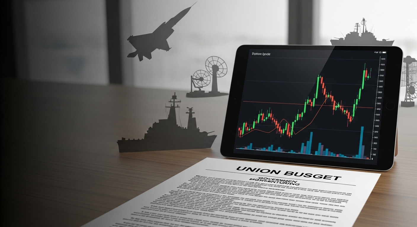 A data-driven illustration showing India’s defence budget theme with market charts and defence manufacturing silhouettes.
