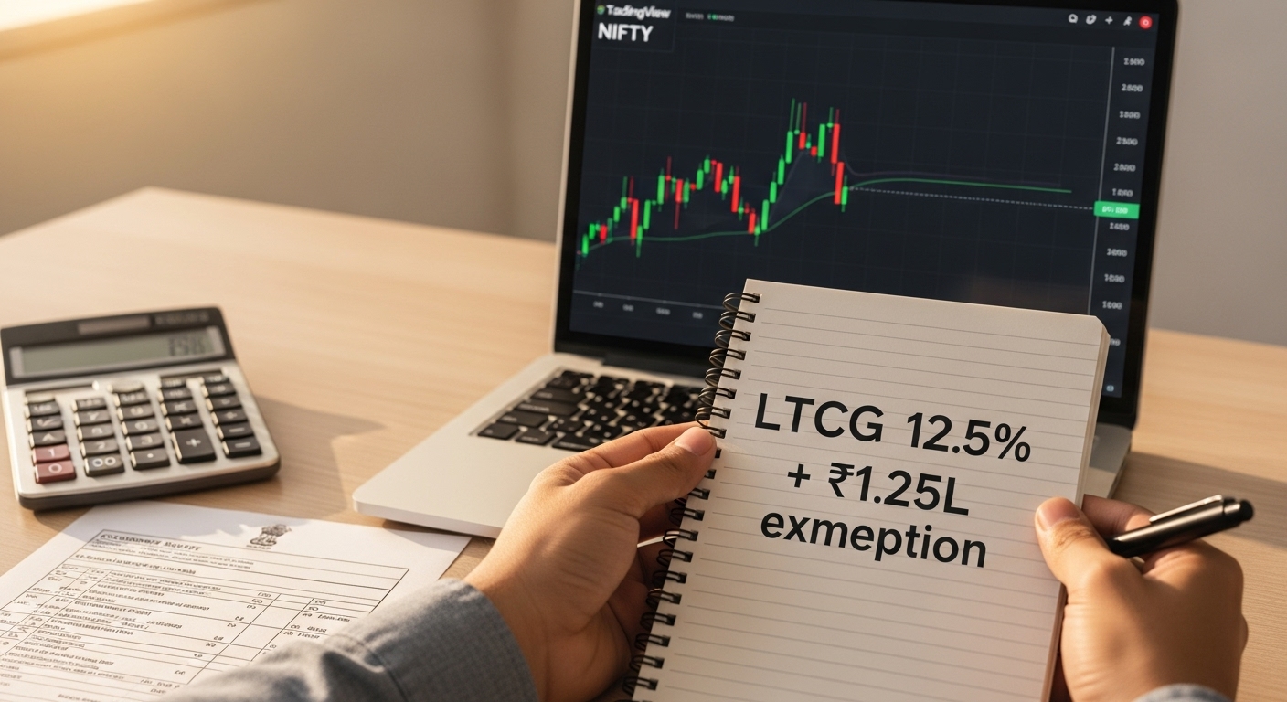 A trader reviewing long-term capital gains tax notes with an Indian stock market chart on screen.
