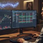 An Indian trader reviews Nifty charts beside an AI brain hologram to evaluate whether ChatGPT can predict stocks.