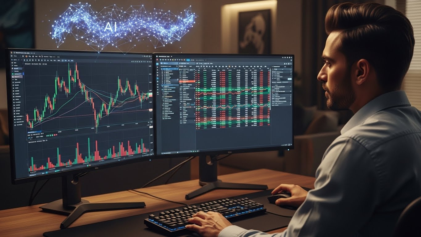 An Indian trader reviews Nifty charts beside an AI brain hologram to evaluate whether ChatGPT can predict stocks.
