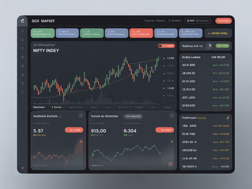 A screenshot of a pre-market dashboard showing SGX Nifty, FII provisional data, global indices, and a 5-stock watchlist with marked key levels