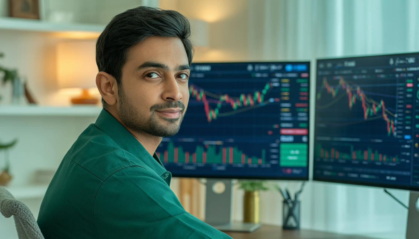How to learn stock market in India for beginners – Indian trader at desk with NSE BSE charts