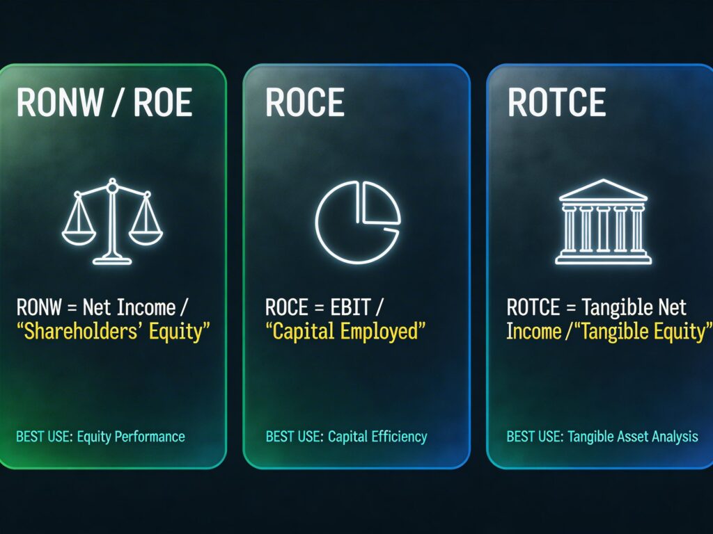 RONW vs ROE vs ROCE comparison table showing formula, denominator, and best use case for each metric
