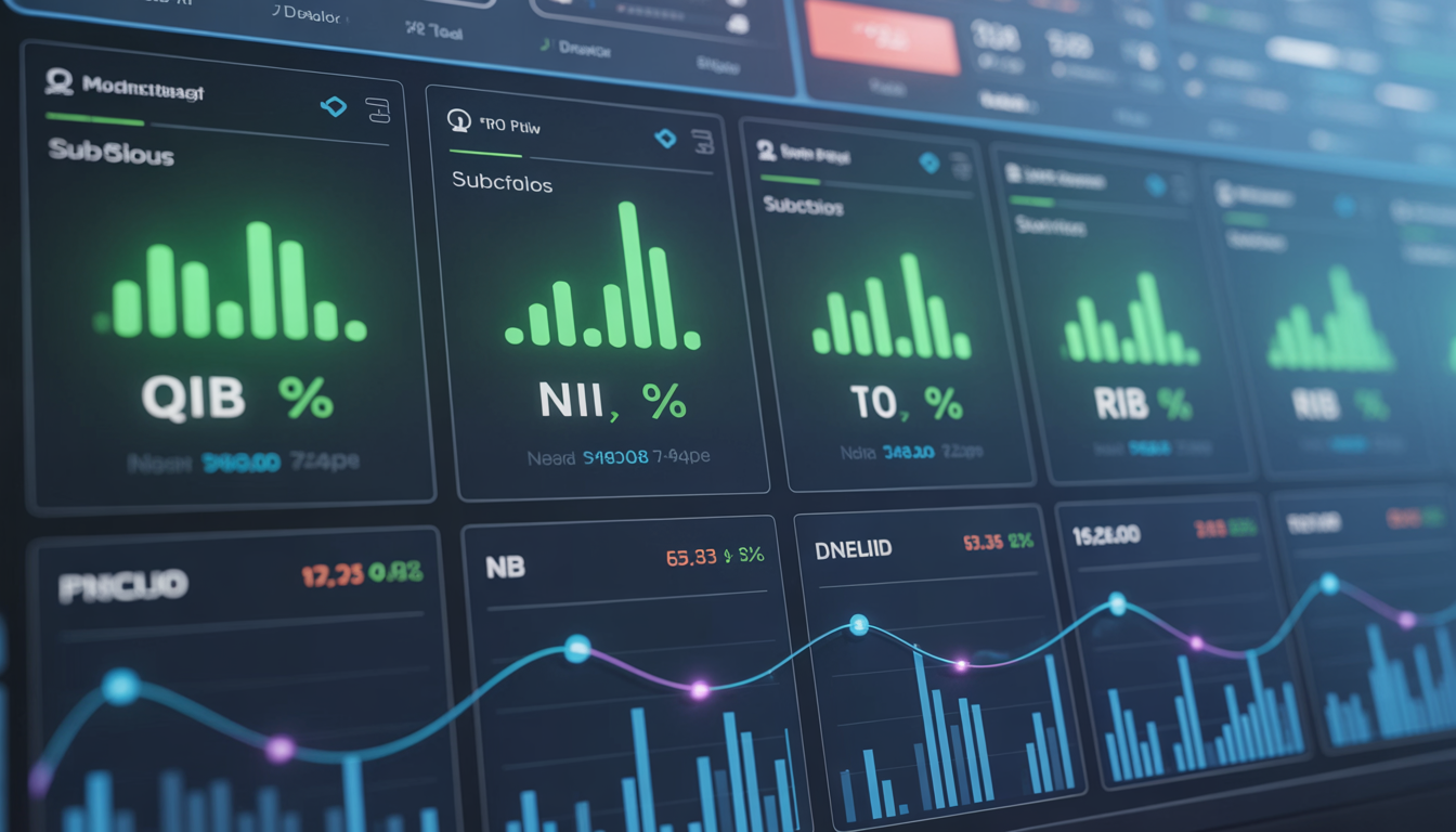 IPO subscription status dashboard showing QIB NII and RII data with live market metrics