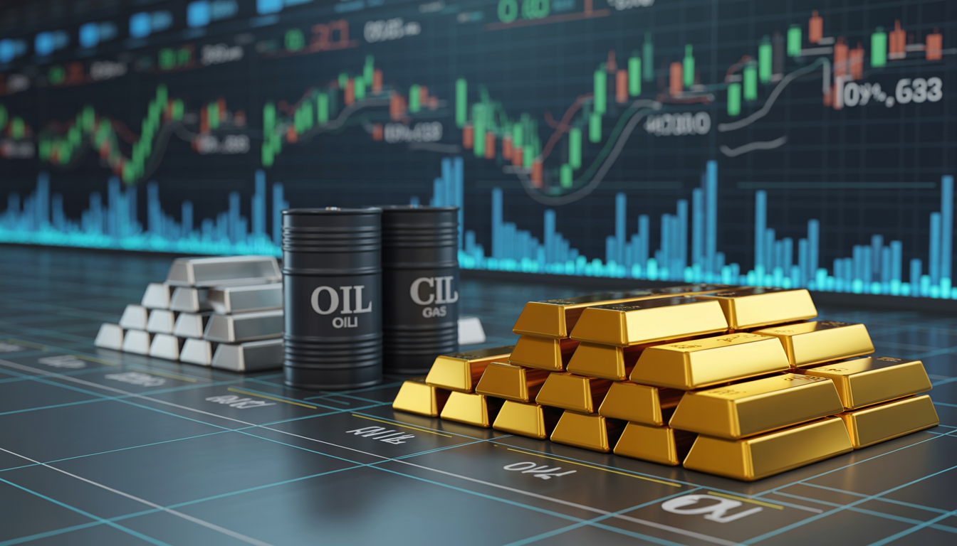 Commodity market dashboard showing gold silver crude oil natural gas and metal price charts