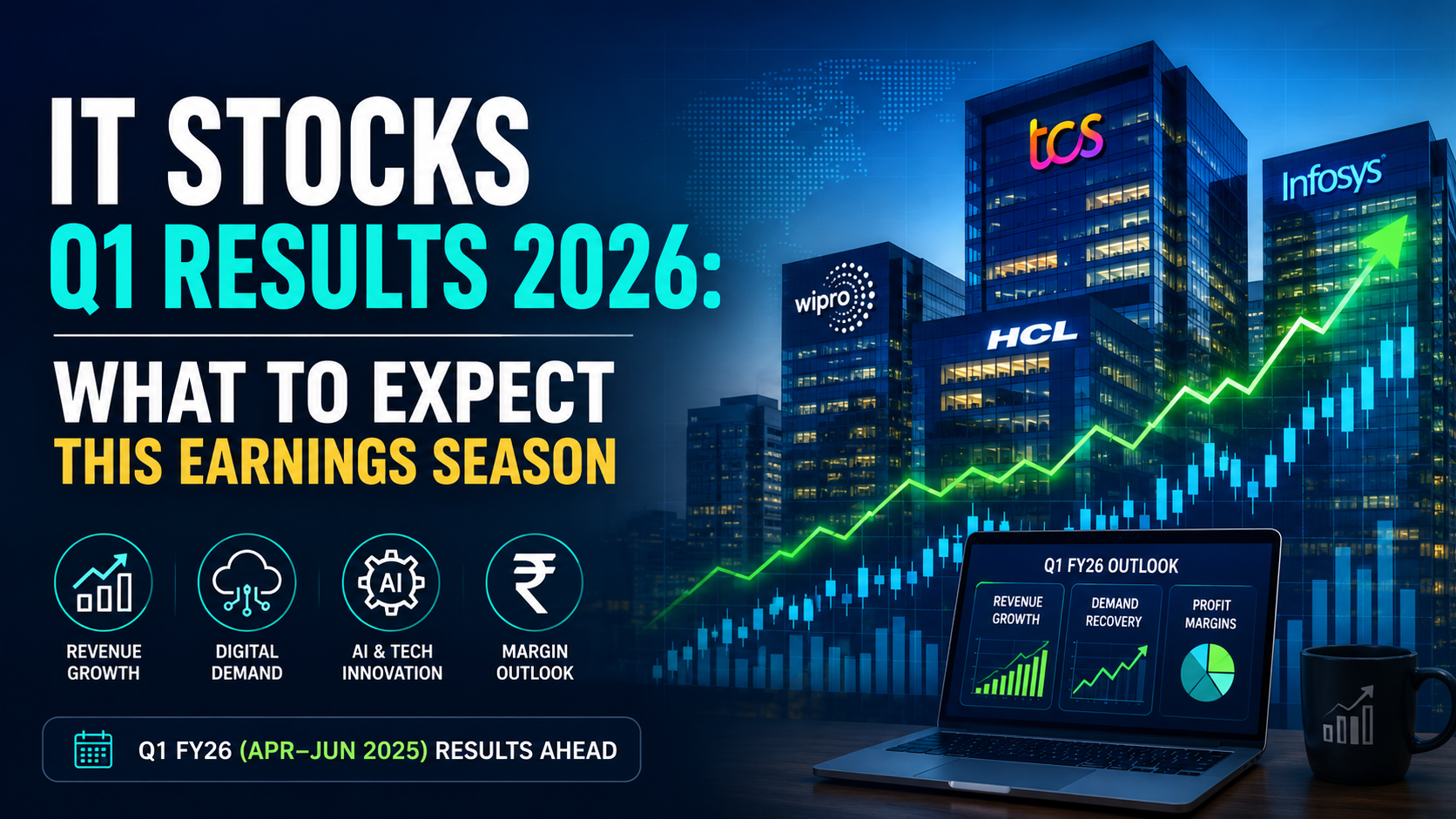 IT Stocks Q1 Results 2026 earnings season outlook showing Indian IT companies, stock market growth chart, and revenue expectations.