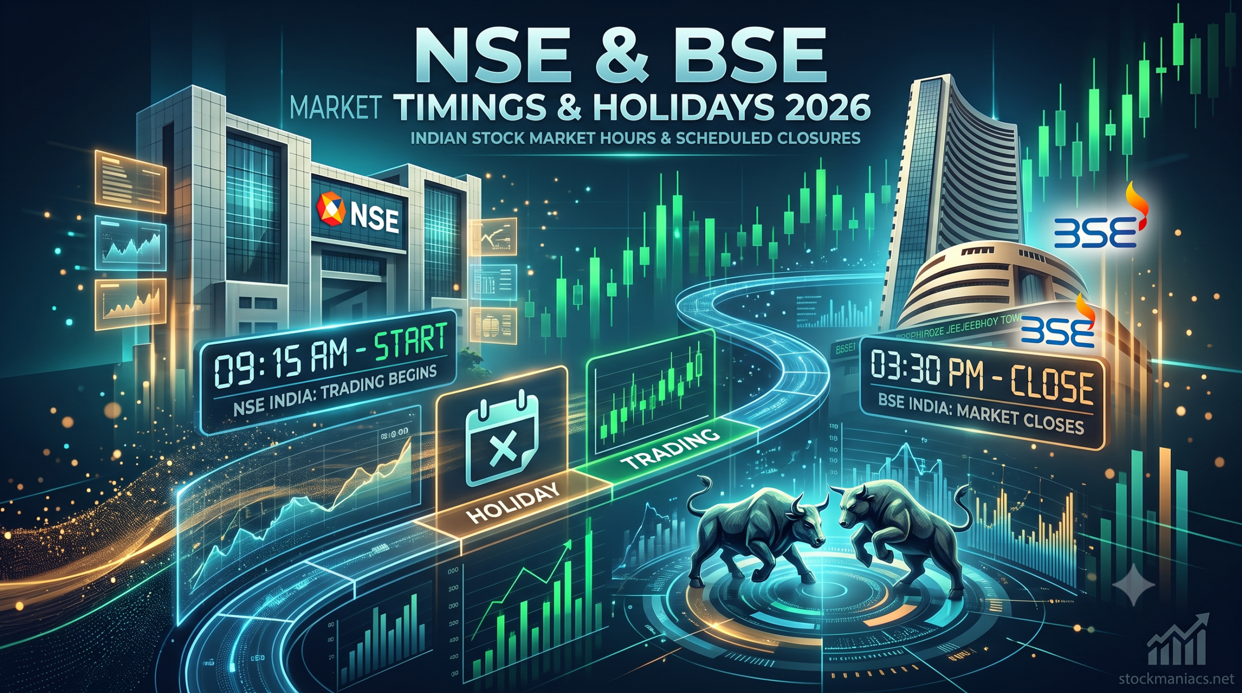 A visually stunning featured image for stockmaniacs.net showing stylized NSE and BSE exchange buildings, clocks, and a digital timeline with market timings and holiday schedules in India.