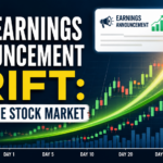 Post Earnings Announcement Drift: PEAD in the Stock Market Illustration of Post Earnings Announcement Drift (PEAD) in the stock market showing an earnings announcement followed by a sustained upward stock price trend with candlestick chart and growth arrow.