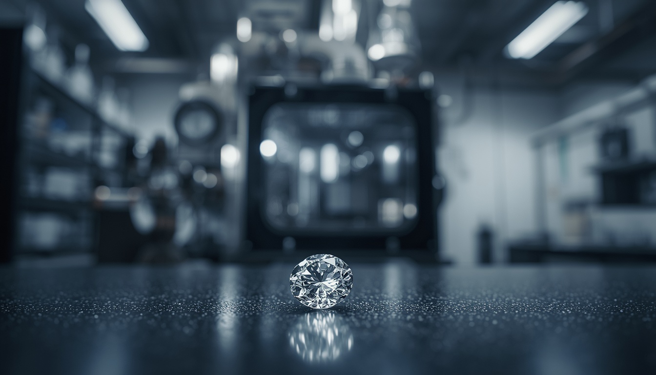 A conceptual laboratory setup showing the difference between carbon material and a laboratory-grown diamond.