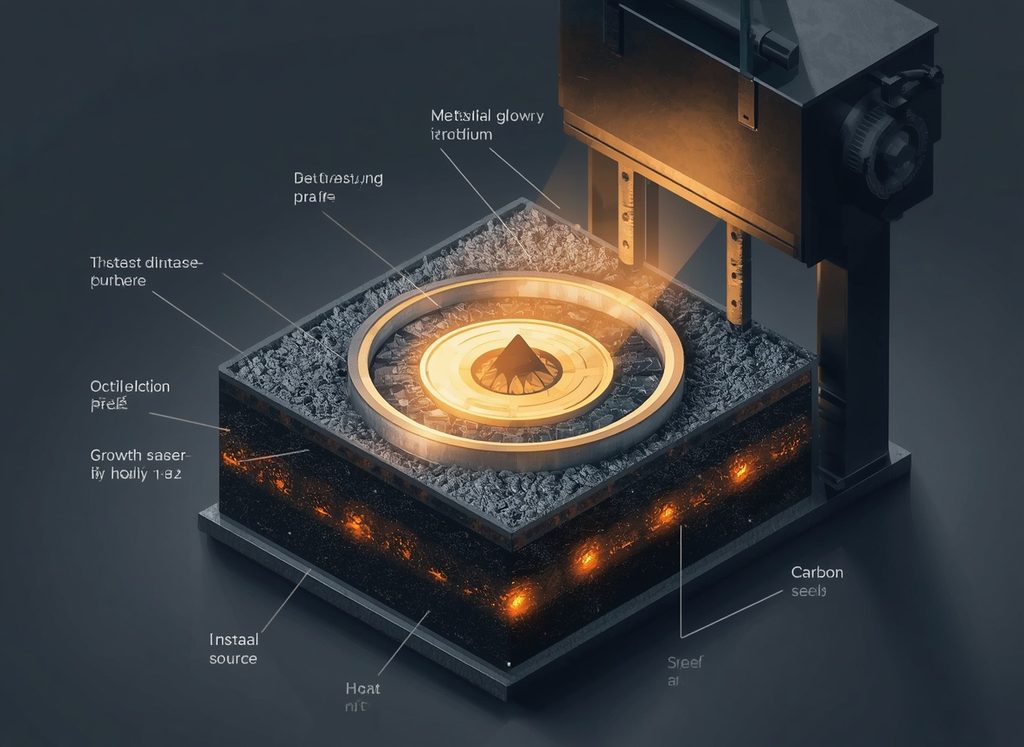 Conceptual illustration of the HPHT diamond growth process around a diamond seed.